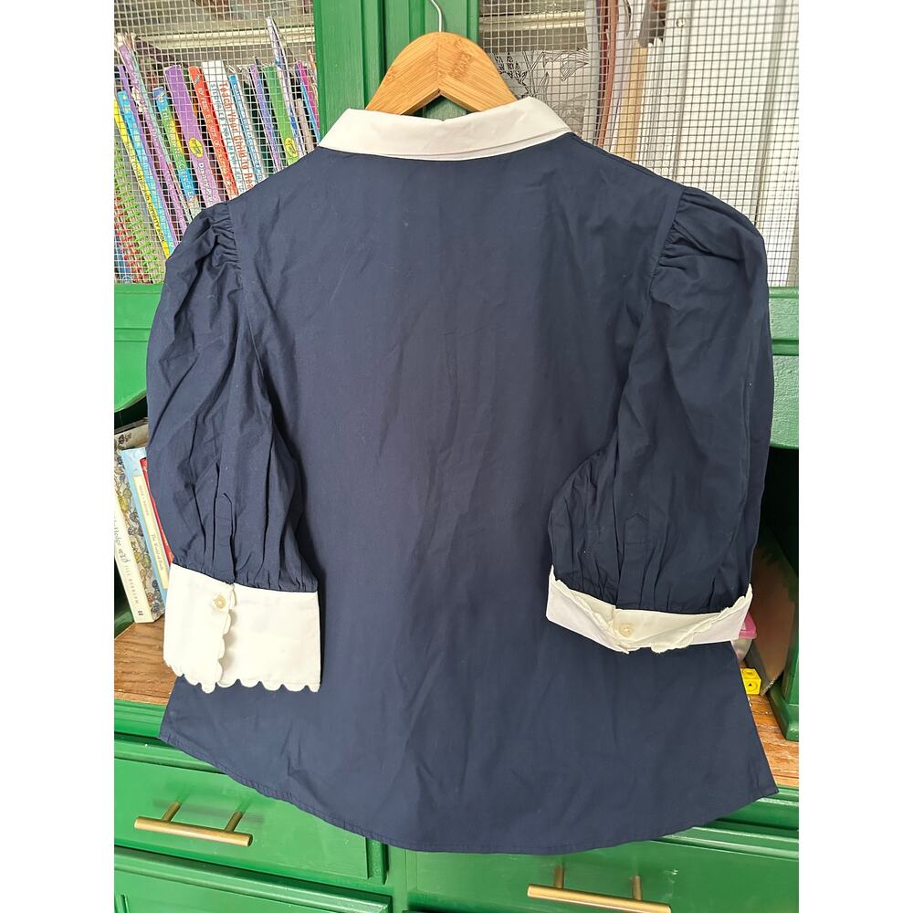 Gretchen Scott Ric Rac Roc Blouse Navy Button-Up Size Extra Large - Picture 6 of 7